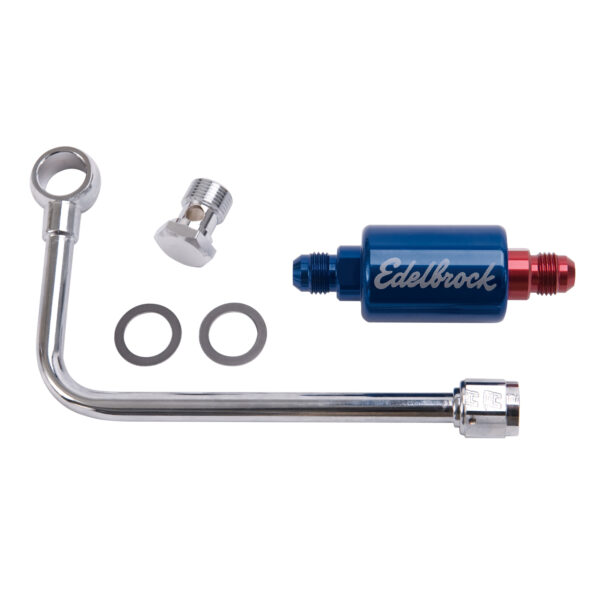 Edelbrock EDL-8134 Single Feed Fuel Line #8131 Chrome With Blue Anodized Aluminum Filter