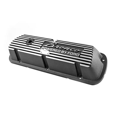 Scott Drake SDK-6A582-B Aluminum Valve Covers Black with Bronco Powered by Ford Logo