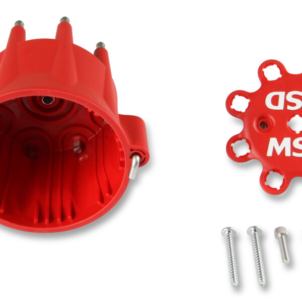 MSD-8433 Distributor Cap - V8 - HEI Terminals - Red - Spark Plug Wire Retainer